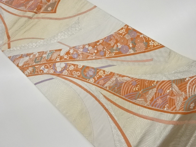 JAPANESE KIMONO / VINTAGE FUKURO OBI / WOVEN CRANES & TRADITIONAL PATTERN